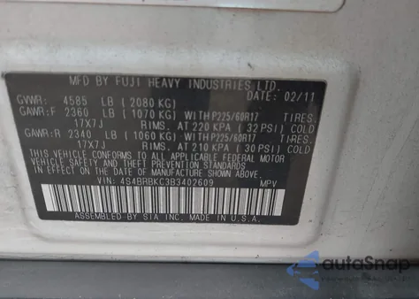 2011 Subaru Outback 2.5I Limited from USA, damaged, VIN 4S4BRBKC3B3402609